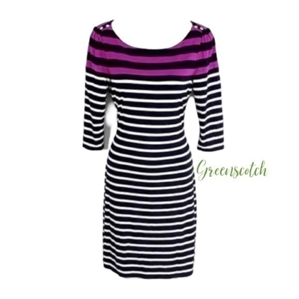 White House Black Market black white magenta stripe 3/4 sleeve dress XS AA6